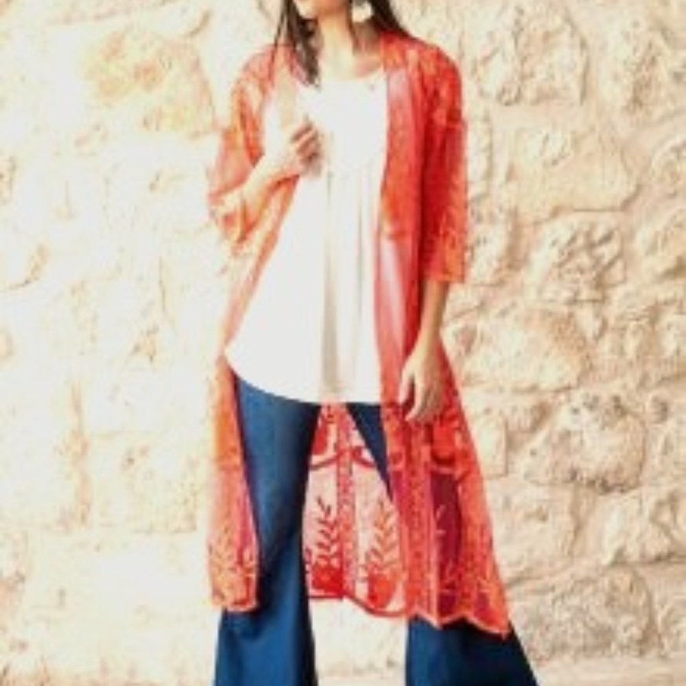 Coral Lace Duster with 3/4 Sleeves Kimono - Picture 3 of 7